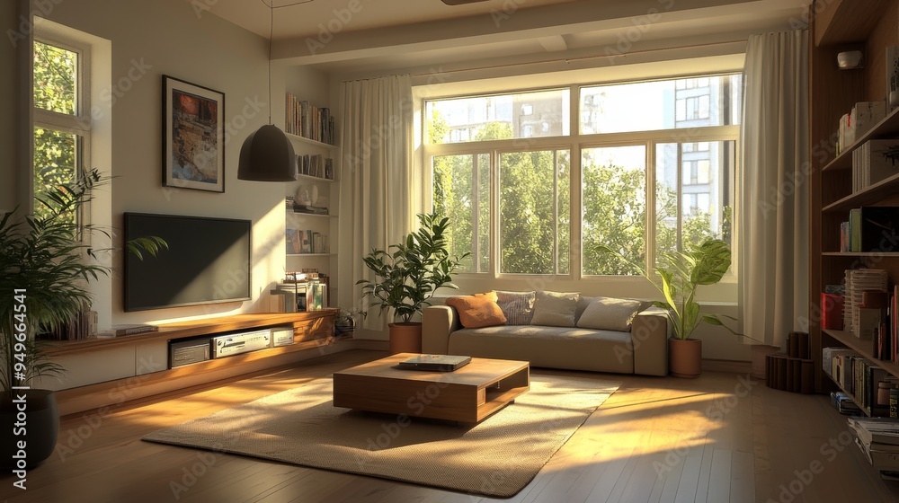 A spacious and inviting living room with large windows that flood the ...