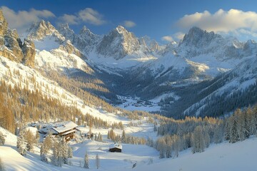 Sticker - Snow-Covered Mountain Valley with Small Cabin and Trees