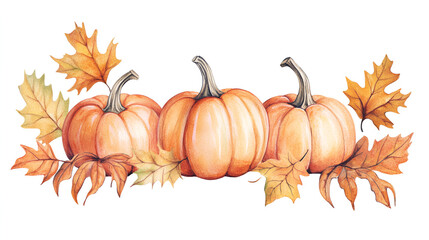 Watercolor illustration card thanksgiving with pumpkins and leaves Isolated on white background Hand drawn clipart Perfect for card postcard tags invitation printing wrapping