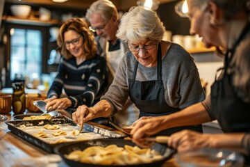 Wall Mural - Middle-Aged Friends Enjoying a Cooking Class Making Homemade Pasta with Chef's Guidance