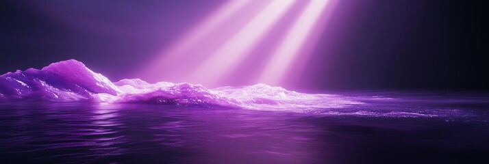 Canvas Print - A surreal landscape bathed in ethereal purple light. The scene evokes a sense of otherworldly beauty, tranquility, and mystery.  The crystalline mountains and shimmering water reflect the light, creat