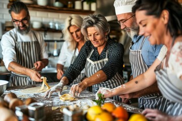 Wall Mural - Middle-Aged Friends in Cooking Class Making Homemade Pasta with Chef - Culinary Team Building Activity