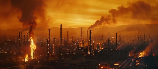 Wall Mural - Industrial Complex at Sunset with Smoke and Flames