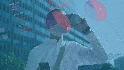 Poster - Drinking from cup, man with smartphone over business data and world map animation