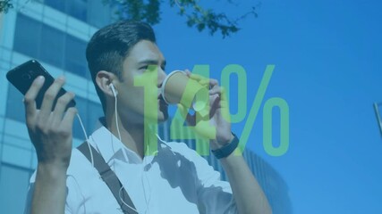 Poster - Drinking coffee and holding smartphone, man with earphones over 58% animation