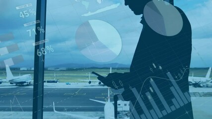 Poster - Businessman using smartphone, financial data animation over airport runway background