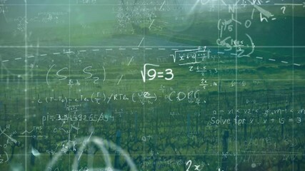 Wall Mural - Mathematical equations and formulas animation over green vineyard landscape