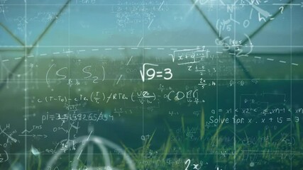 Poster - Mathematical equations and formulas animation over green field background