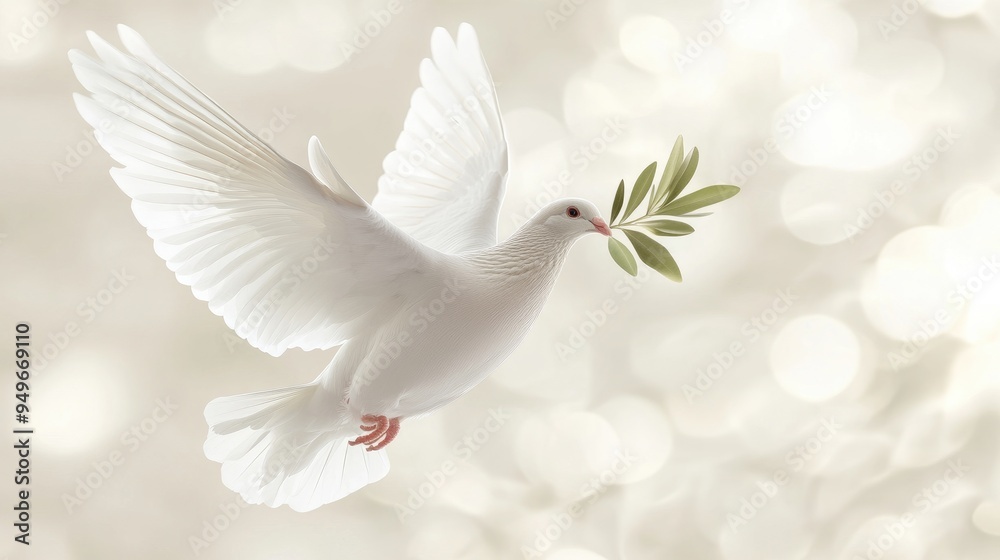White dove flying with an olive branch in its beak, set against a ...