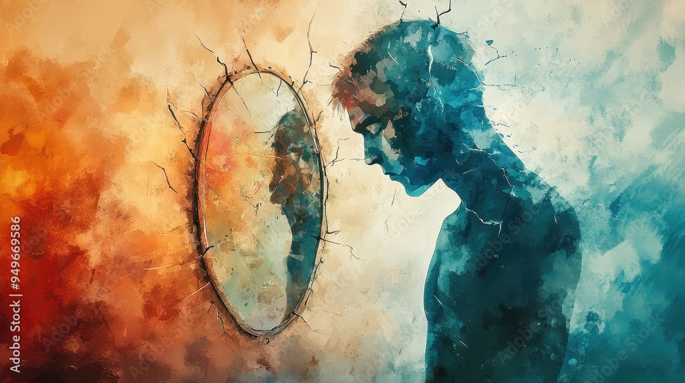 A contemplative figure gazes into cracked mirror, reflecting blend of ...