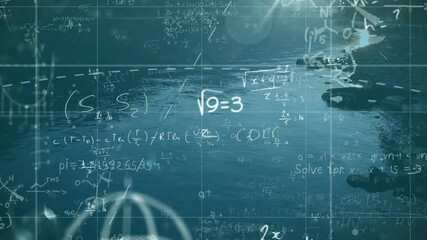 Poster - Mathematical equations and formulas animation over ocean waves