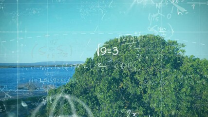 Poster - Mathematical equations and scientific symbols animation over lush green landscape with water