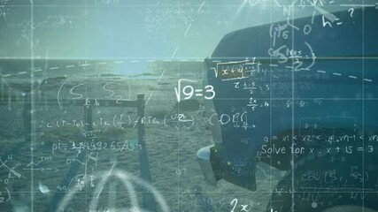 Poster - Mathematical equations and scientific formulas animation over person standing on beach