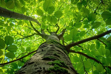 Wall Mural - Beech Tree. Bottom View of Fresh Green Foliage in Spring Forest