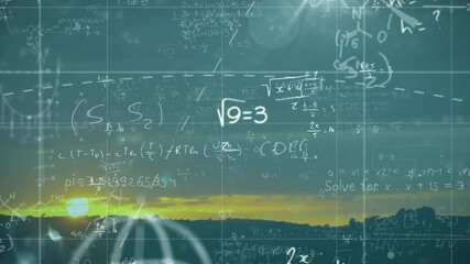 Poster - Mathematical equations and formulas animation over landscape at sunset