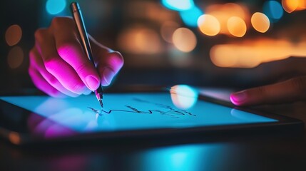 Poster - A close-up of a digital insurance contract being signed electronically on a tablet. copy space for text.