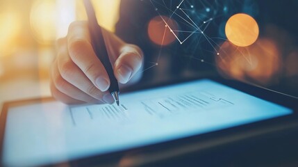 Poster - A close-up of a digital insurance contract being signed electronically on a tablet. copy space for text.