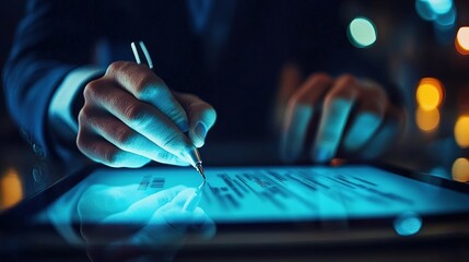 Poster - A close-up of a digital insurance contract being signed electronically on a tablet. copy space for text.