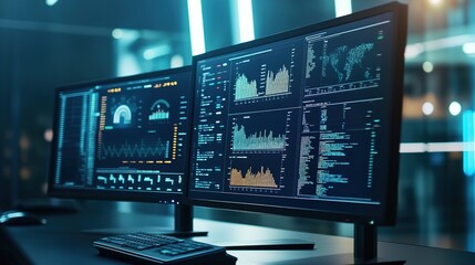 Poster - A computer screen displaying complex insurance software tools and data analytics.
