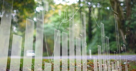 Poster - financial data charts animation over blurred outdoor park scene with trees and leaves