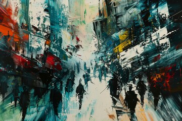 Wall Mural - Multiple individuals walking down a bustling city street amidst buildings and traffic, The chaotic aftermath of financial collapse rendered in chaotic brush strokes