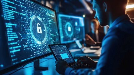 Poster - A cybersecurity expert discussing cyber insurance options with a business owner.