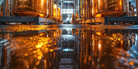 Copper Brewing Tanks Reflected in Puddles on a Factory Floor