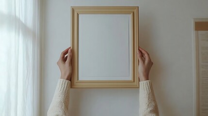 Poster - Cropped vertical view of woman hands hanging beige picture frame with copy space Female hold blank poster against white wall Art placard in room Concept of home decor : Generative AI