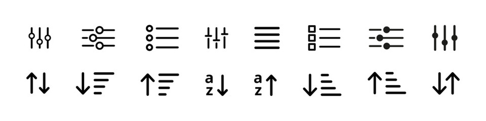 Filter icon. Sort sign. Sort and filter vector set. Isolated filtering and sorting icons. Settings button.