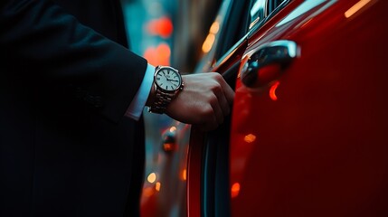 Wall Mural - Hand of unrecognizable person wearing wristwatch and black suit opening door of red vehicle : Generative AI