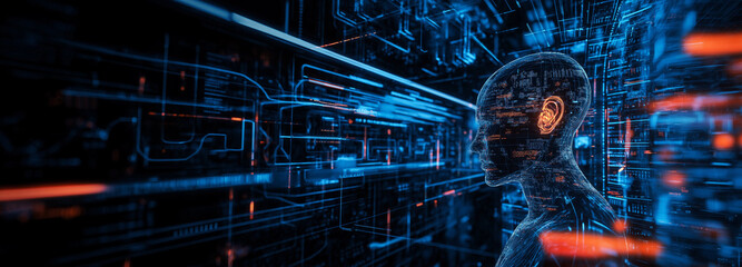 Aufkleber - A futuristic digital illustration featuring a human-like figure integrated with complex blue and orange circuitry, symbolizing the connection between AI and technology.