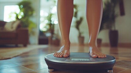 Unrecognizable young Indian woman stepping on scales to measure her weight at home closeup of feet Cropped view of millennial lady checking result of her slimming diet Healthy living c : Generative AI