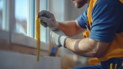 Poster - Technician worker in uniform using measuring tape tool to measuring wood window in the home construction site repair and fix for problem in the house : Generative AI