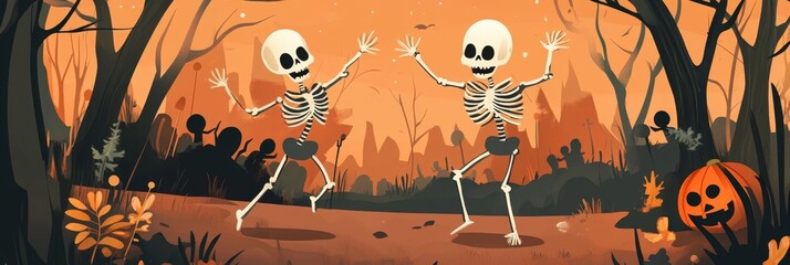 Wall Mural - Two skeletons dance joyfully in a spooky, minimalist forest setting with an orange and brown color palette. The image evokes themes of Halloween, celebration, and the macabre.