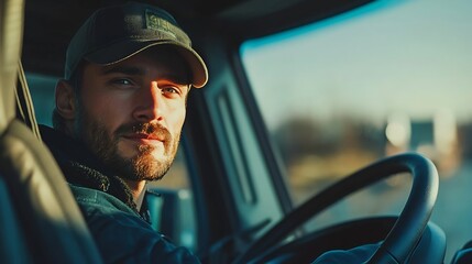 Happy professional truck driver driving his truck and looking at camera Copy space : Generative AI