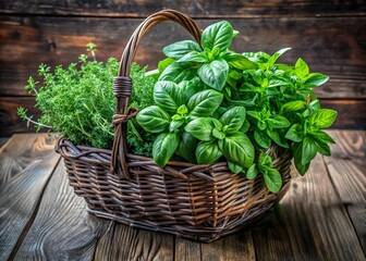 Wall Mural - Basket with basil and fresh herbs on table