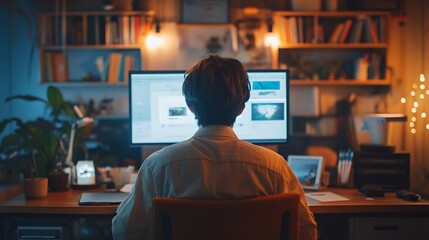Poster - Rear view of young man sitting at his workspace and using smartphone Blank screen for graphics display montage : Generative AI