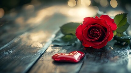 Valentine day composition with rose flower and red heart on table Top view flat lay copy space Holiday concept : Generative AI