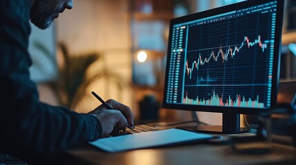 Aufkleber - Self employed broker investor in home office checking stock exchange profit calculating using pen and paper Freelancer in apartment looking at market shares growth writing on notepad c : Generative AI