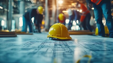 Poster - Engineer team is meeting to inspect the construction blueprint drawings work plan and distribute work before starting the building : Generative AI
