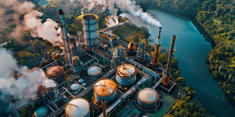 Aerial View of Industrial Complex with Smoke and Water