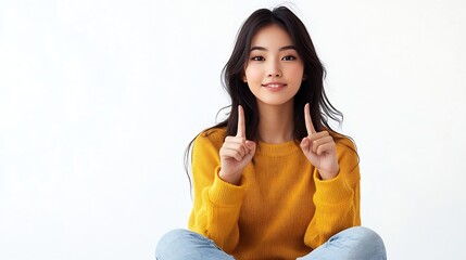 Aufkleber - Young Asian woman sitting and pointing to empty copy space isolated on white background Full body composition : Generative AI