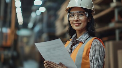 Aufkleber - Asian woman engineer holding document smiling at construction site Confident female Indian wearing protective helmet and vest working in factory making precast concrete wall for real e : Generative AI