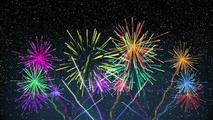 Poster - Fireworks bursting in night sky animation over starry background