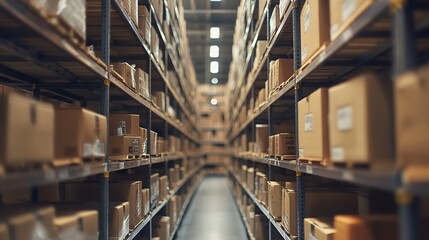 Aufkleber - Rows of shelves with boxes Interior of warehouse : Generative AI
