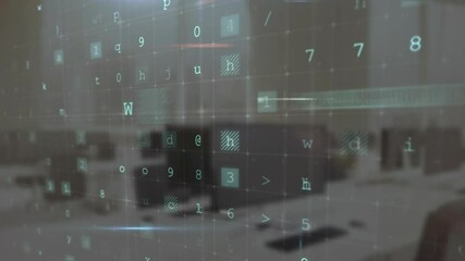Poster - Warning text and numbers animation over office workspace with computers