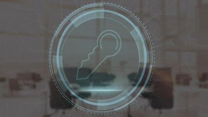 Poster - Key icon and digital security animation over office setting