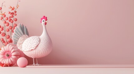 Wall Mural - Pink Chicken with Pink Floral Decor on a Pink Background.