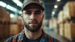 © Generative AI - Beautiful portrait Male worker is in the empty warehouse : Generative AI