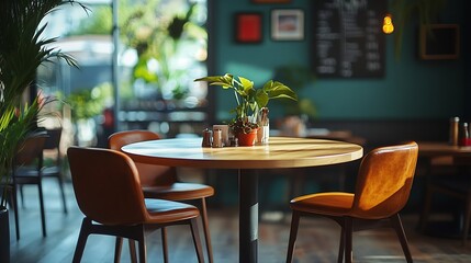 Poster - restaurant interior with round table and chairs : Generative AI